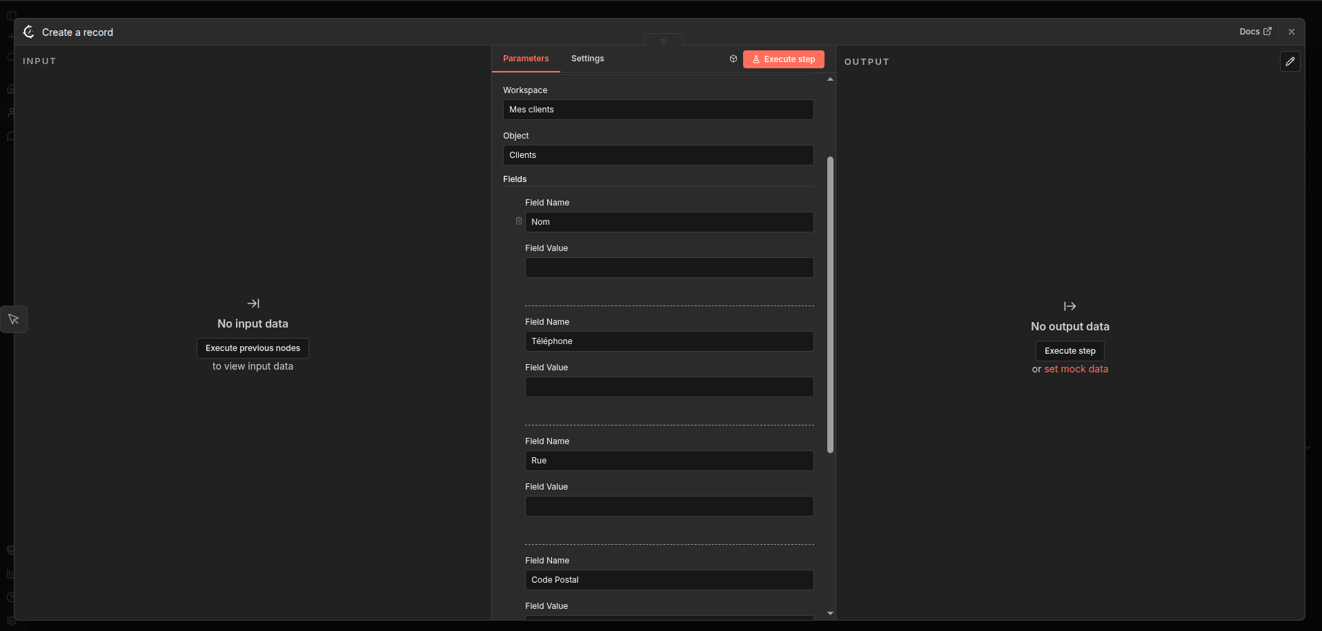 Vue du noeud create a record rempli