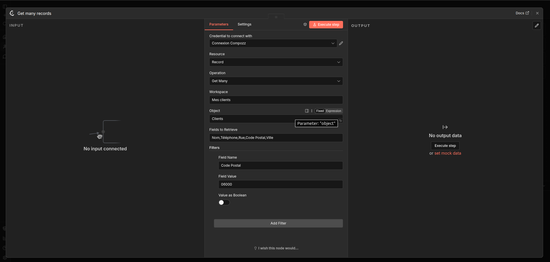 Vue du noeud get many records rempli